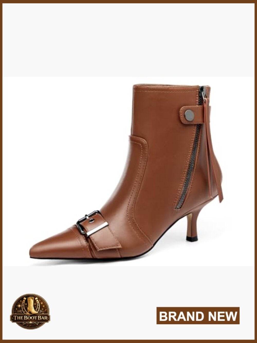 Womens Kitten Heel Ankle Boots Pointed Toe Buckle Side Zip Tassel - Picture 2 of 7